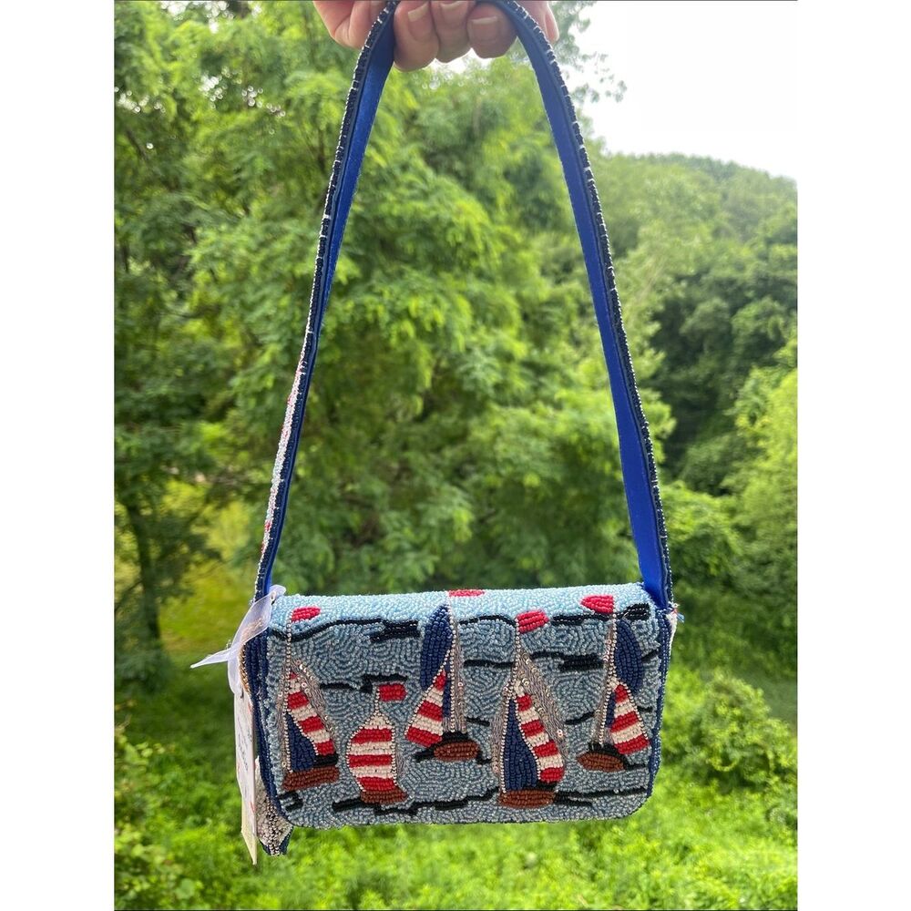 Viral Beaded Bag - Hand-Beaded Nautical, Sailing Shoulder Bag in Blue - USA 🇺🇸